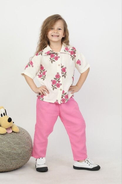KIZ ÇİÇEKLİ MÜSLİN KUMAŞ GÖMLEK PANTOLONLU TAKIM