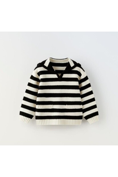 KIZ ÇİZGİLİ SİYAH BEYAZ TRİKO KAZAK