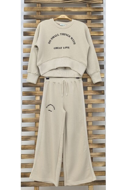 KIZ EKRU RENKLİ  BOL PAÇA PANTOLONLU TAKIM