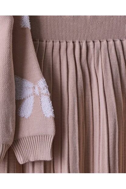 KIZ KREM FİYONKLU PİLELİ ETEK TRİKO TAKIM