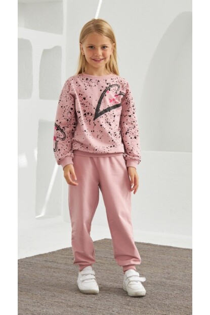 KIZ GÜL KURUSU RENKLİ KALP DESENLİ EŞOFMAN TAKIMI