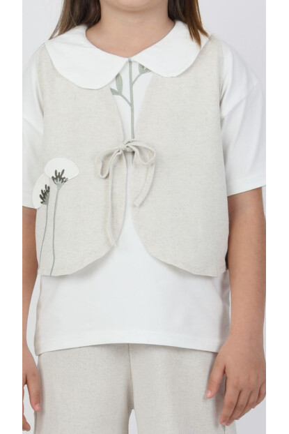 KIZ KETEN T-SHİRT YELEK PANTOLON 3LÜ TAKIM