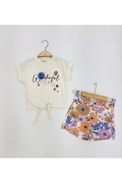 KIZ KISA KOL ÇİÇEK BASKILI ŞORTLU TAKIM