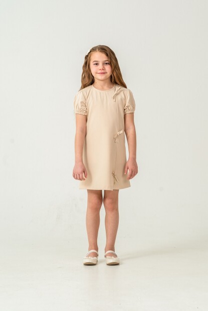 KIZ KÜÇÜK FİYONKLU SÜSLEMELİ DOKUMA ELBİSE