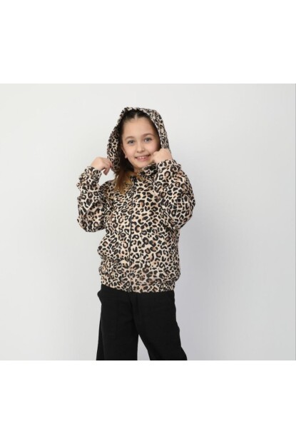 KIZ LEOPAR DESENLİ KAPŞONLU CEKET