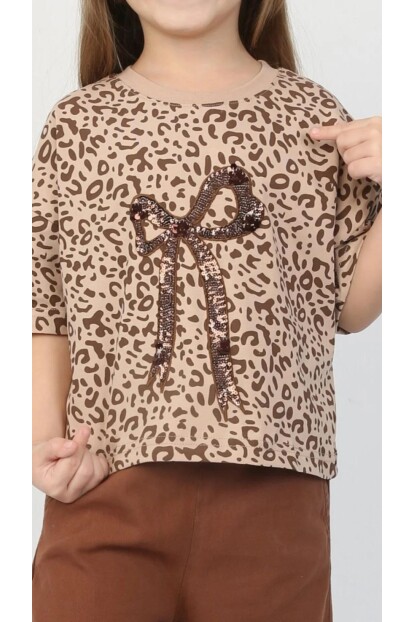 KIZ LEOPARLI FİYONK DETAYLI DOKUMA PANTOLON TSHİRT TAKIM