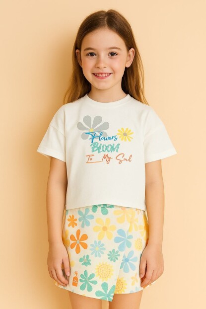 KIZ PAPATYA DESENLİ ŞORT ETEKLİ TAKIM