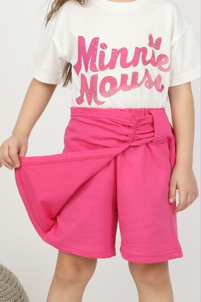 KIZ PARILTI DETAYLI SIRT BASKILI ŞORT ETEK MİNNİE MOUSE TAKIM