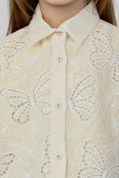 KIZ PAYET DANTELLİ KELEBEK DESENLİ PAMUKLU MÜSLİN GÖMLEK