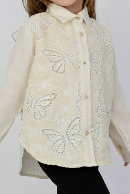 KIZ PAYET DANTELLİ KELEBEK DESENLİ PAMUKLU MÜSLİN GÖMLEK