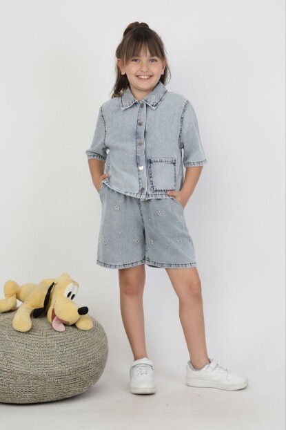 KIZ TAŞ DETAYLI ŞORTLU DENİM TAKIM