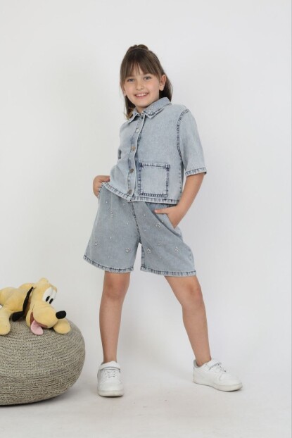 KIZ TAŞ DETAYLI ŞORTLU DENİM TAKIM