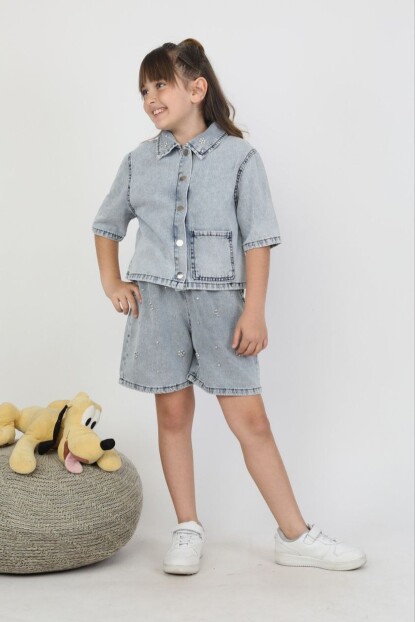 KIZ TAŞ DETAYLI ŞORTLU DENİM TAKIM