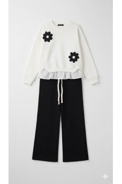 KIZ TRİKO ÇİÇEK DETAYLI ETEK DOKUMA POPLİN TAKIM