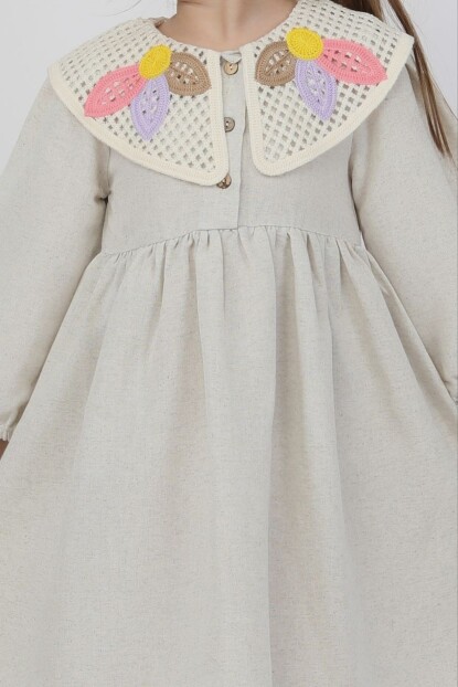 KIZ YAKA DETAYLI KETEN ELBİSE