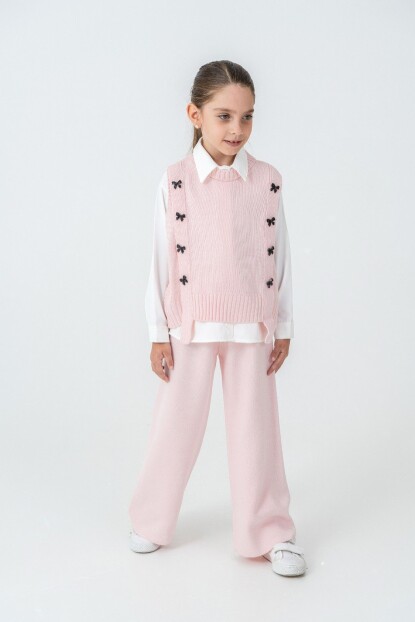 KIZ YELEKLİ FİYONK SÜSLEMELİ TRİKO İKİLİ TAKIM