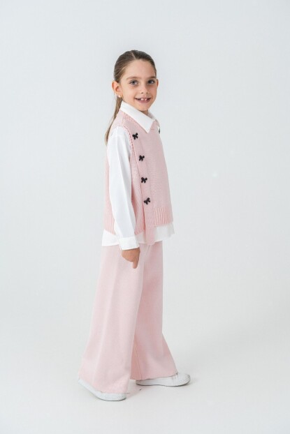 KIZ YELEKLİ FİYONK SÜSLEMELİ TRİKO İKİLİ TAKIM