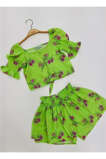 KIZ YEŞİL ÇİÇEK BASKILI ŞORTLU ETEK TAKIM