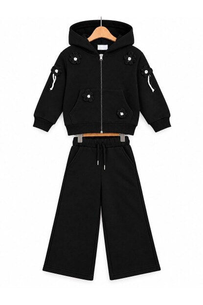 KIZ TRİKO ÇİÇEK İŞLEMELİ EŞOFMAN TAKIMI
