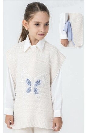 KIZ KELEBEK İNCİ DETAYLI YAN BAĞCIKLI TRİKO YELEK