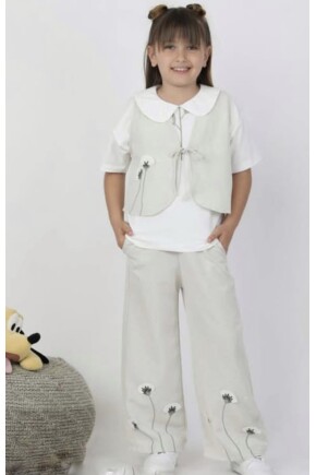 KIZ KETEN T-SHİRT YELEK PANTOLON 3LÜ TAKIM