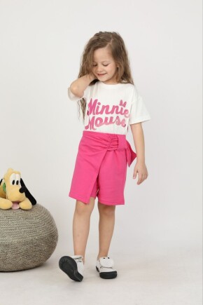 KIZ PARILTI DETAYLI SIRT BASKILI ŞORT ETEK MİNNİE MOUSE TAKIM