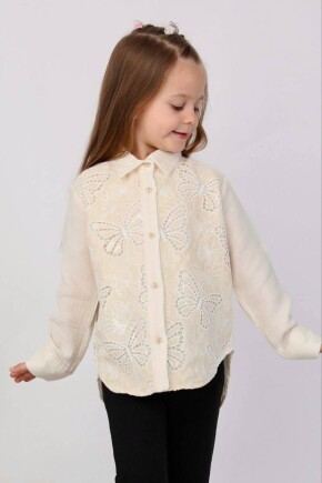 KIZ PAYET DANTELLİ KELEBEK DESENLİ PAMUKLU MÜSLİN GÖMLEK