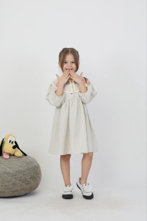 KIZ YAKA DETAYLI KETEN ELBİSE